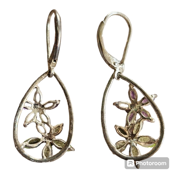 Vintage Sterling Silver Drop Amethyst & Peridot Earrings - Picture 2 of 2